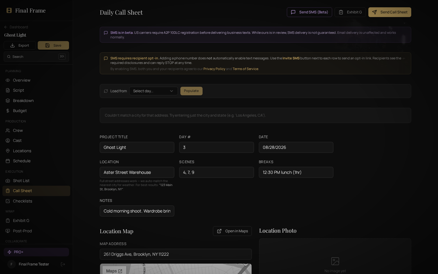Daily call sheet — sample project Ghost Light