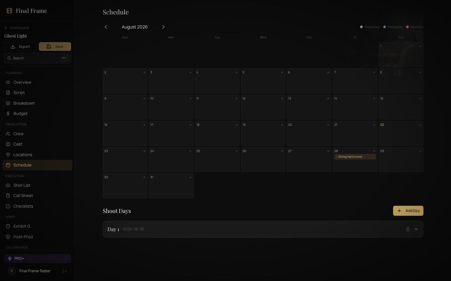 Shoot schedule — sample project Ghost Light