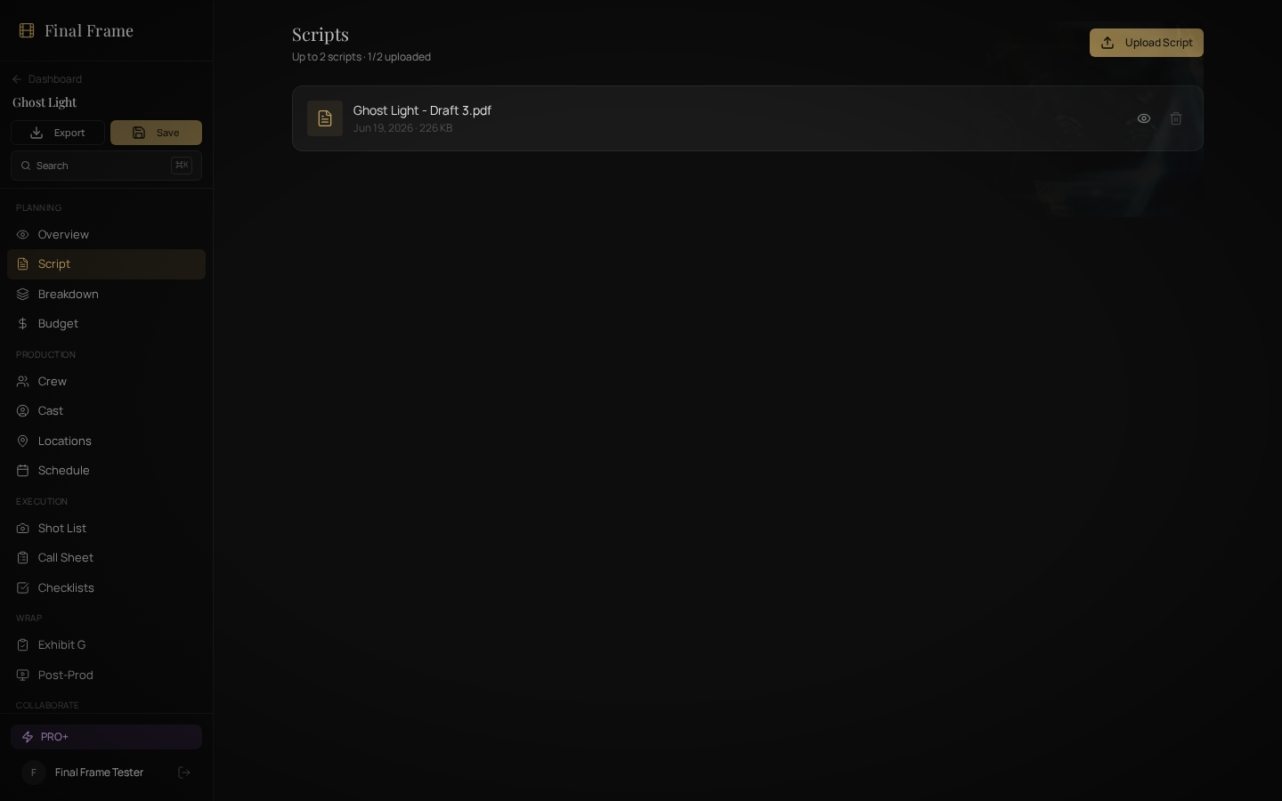 Script upload — sample project Ghost Light